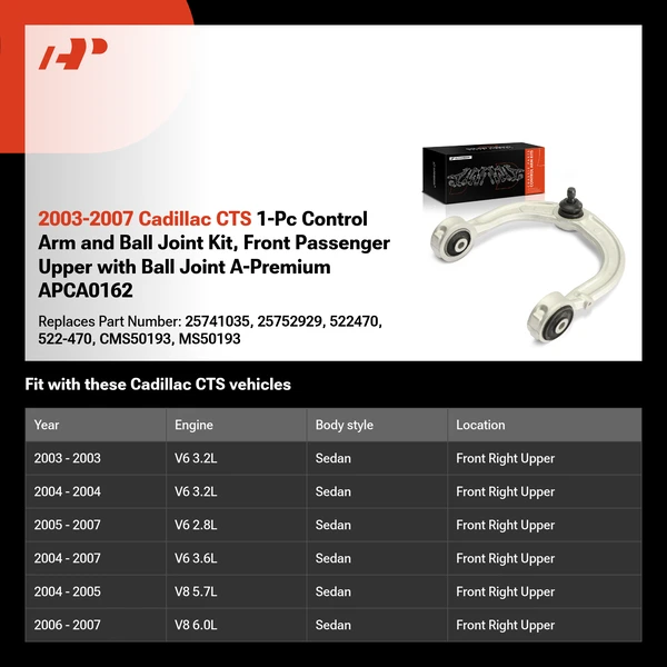 2003-2007 Cadillac CTS 1-Pc Control Arm and Ball Joint Kit, Front Passenger Upper with Ball Joint A-Premium APCA0162