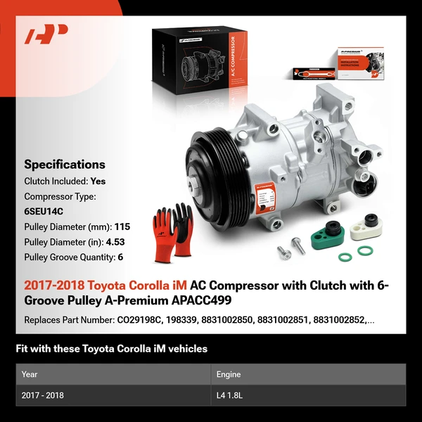 2017-2018 Toyota Corolla iM AC Compressor with Clutch with 6-Groove Pulley A-Premium APACC499
