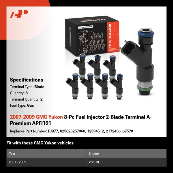 2007-2009 GMC Yukon 8-Pc Fuel Injector 2-Blade Terminal A-Premium APFI191