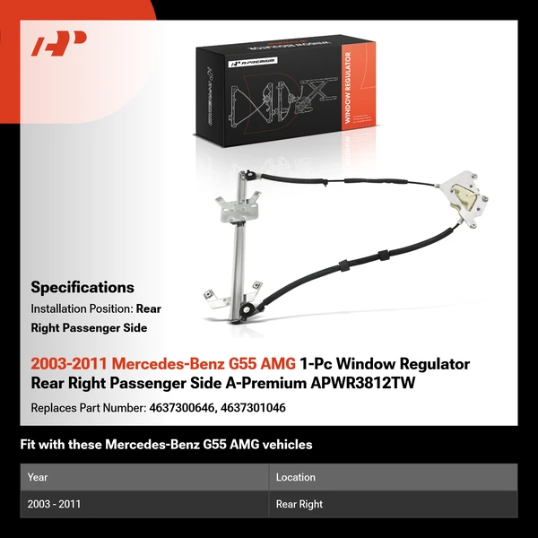 2003-2011 Mercedes-Benz G55 AMG 1-Pc Window Regulator Rear Right Passenger Side A-Premium APWR3812TW