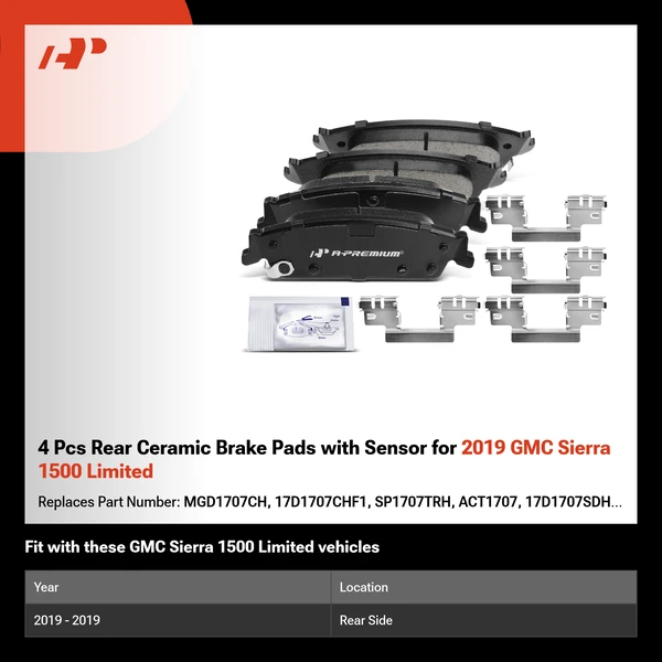 4 Pcs Rear Ceramic Brake Pads with Sensor for 2019 GMC Sierra 1500 Limited