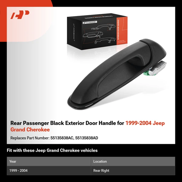 Rear Passenger Black Exterior Door Handle for 1999-2004 Jeep Grand Cherokee