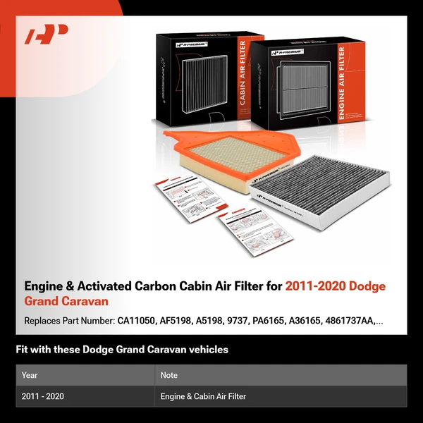 Engine & Activated Carbon Cabin Air Filter for 2011-2020 Dodge Grand Caravan