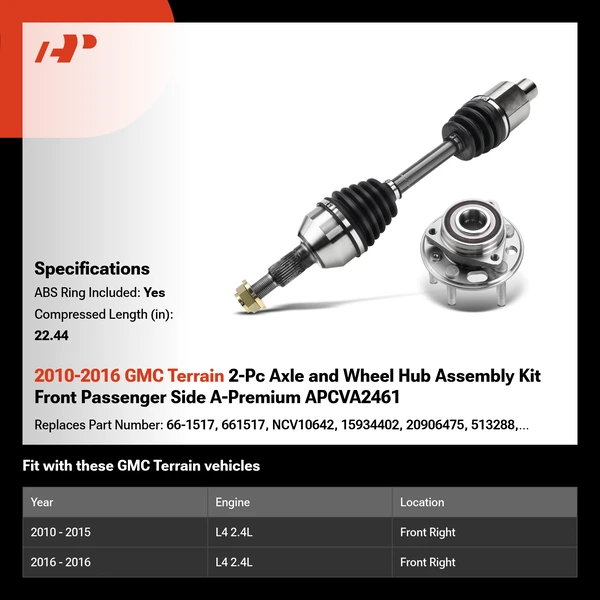 2010-2016 GMC Terrain 2-Pc Axle and Wheel Hub Assembly Kit Front Passenger Side A-Premium APCVA2461