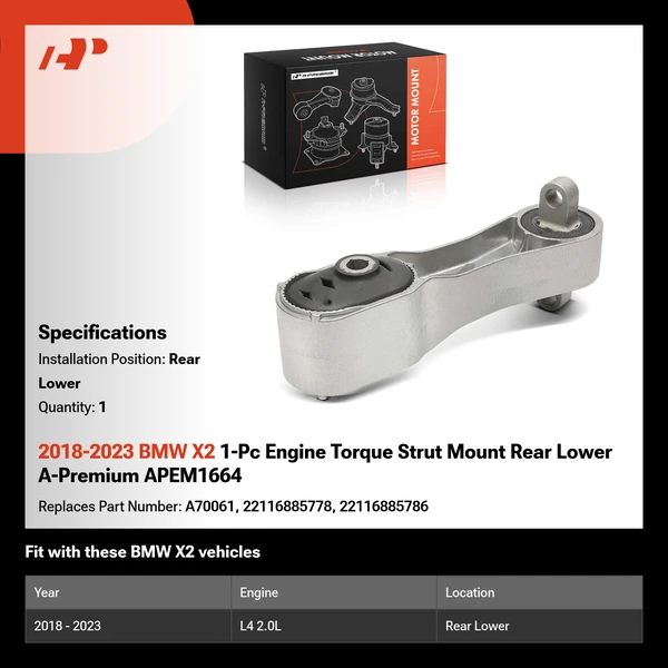 2018-2023 BMW X2 1-Pc Engine Torque Strut Mount Rear Lower A-Premium APEM1664