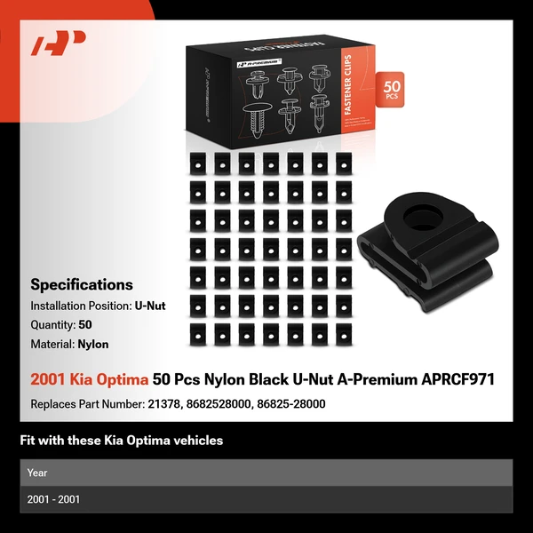 2001 Kia Optima 50 Pcs Nylon Black U-Nut A-Premium APRCF971