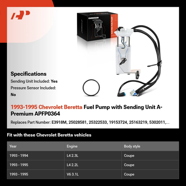 1993-1995 Chevrolet Beretta Fuel Pump with Sending Unit A-Premium APFP0364