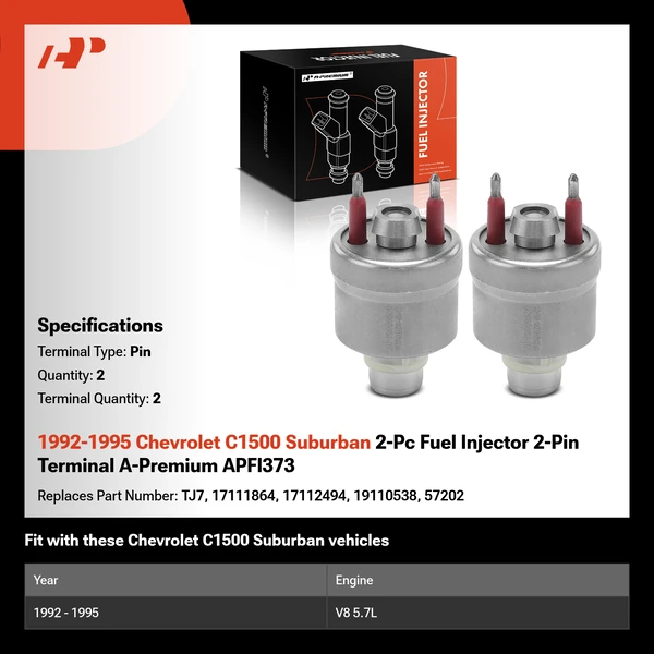 1992-1995 Chevrolet C1500 Suburban 2-Pc Fuel Injector 2-Pin Terminal A-Premium APFI373