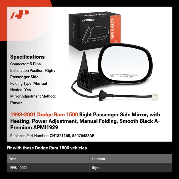 1998-2001 Dodge Ram 1500 Right Passenger Side Mirror, with Heating, Power Adjustment, Manual Folding, Smooth Black A-Premium APMI1929