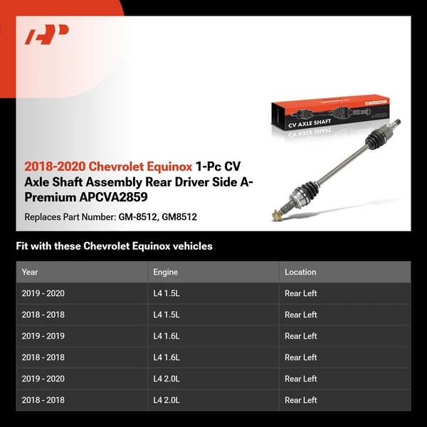 2018-2020 Chevrolet Equinox 1-Pc CV Axle Shaft Assembly Rear Driver Side A-Premium APCVA2859