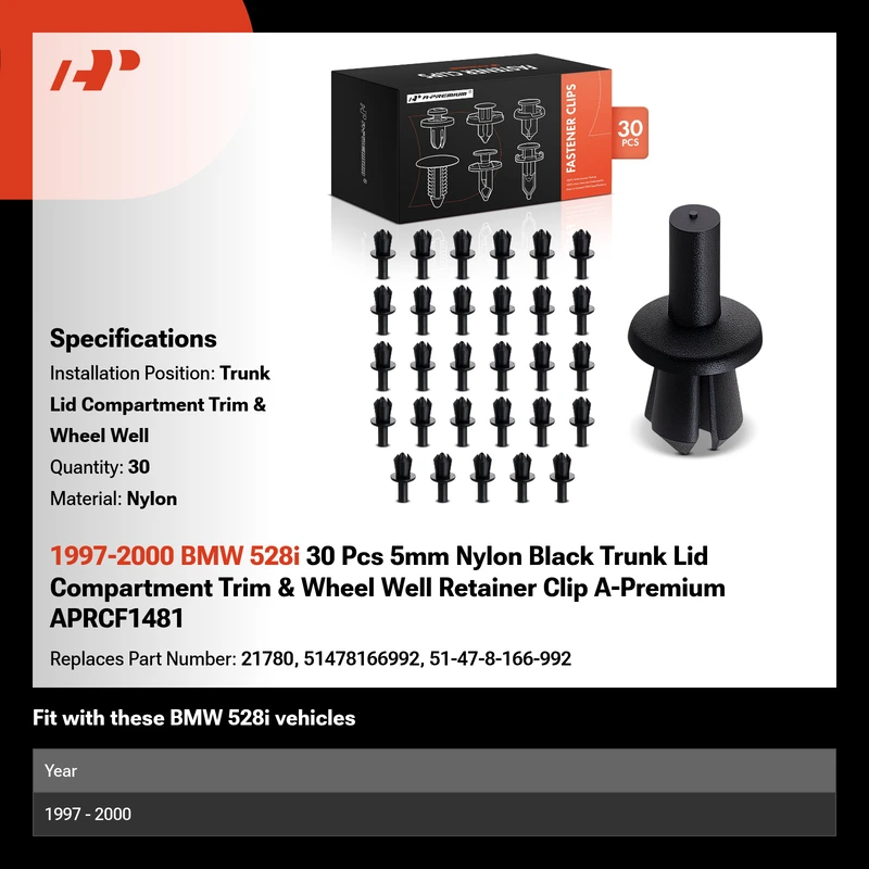 1997-2000 BMW 528i 30 Pcs 5mm Nylon Black Trunk Lid Compartment Trim & Wheel Well Retainer Clip A-Premium APRCF1481