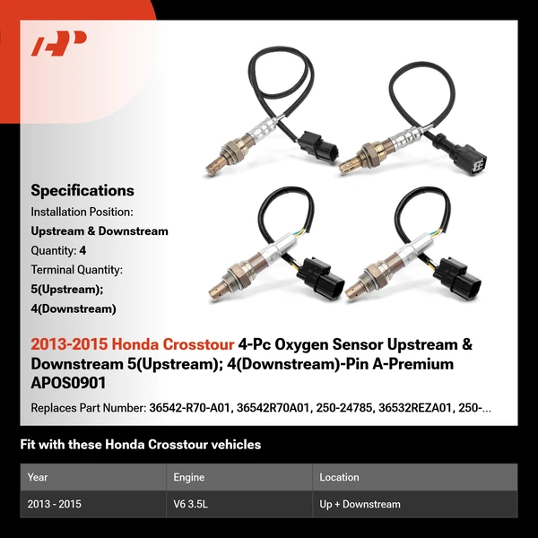 2013-2015 Honda Crosstour 4-Pc Oxygen Sensor Upstream & Downstream 5(Upstream); 4(Downstream)-Pin A-Premium APOS0901
