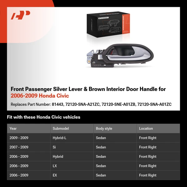 Front Passenger Silver Lever & Brown Interior Door Handle for 2006-2009 Honda Civic