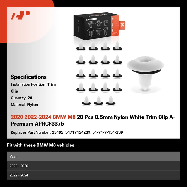 2020 2022-2024 BMW M8 20 Pcs 8.5mm Nylon White Trim Clip A-Premium APRCF3375