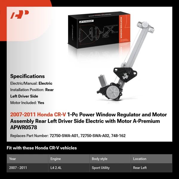 2007-2011 Honda CR-V 1-Pc Power Window Regulator and Motor Assembly Rear Left Driver Side Electric with Motor A-Premium APWR0578
