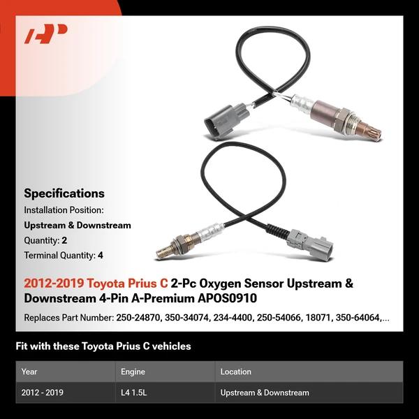 2012-2019 Toyota Prius C 2-Pc Oxygen Sensor Upstream & Downstream 4-Pin A-Premium APOS0910