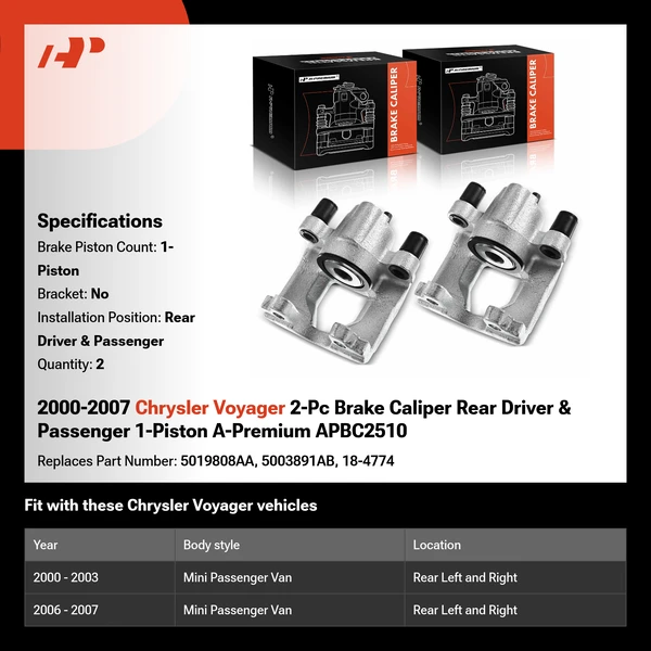 2000-2007 Chrysler Voyager 2-Pc Brake Caliper Rear Driver & Passenger 1-Piston A-Premium APBC2510