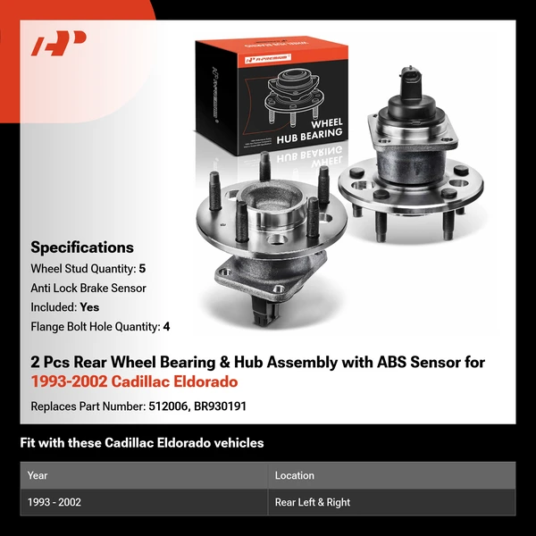 2 Pcs Rear Wheel Bearing & Hub Assembly with ABS Sensor for 1993-2002 Cadillac Eldorado