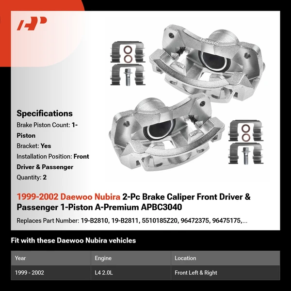 1999-2002 Daewoo Nubira 2-Pc Brake Caliper Front Driver & Passenger 1-Piston A-Premium APBC3040