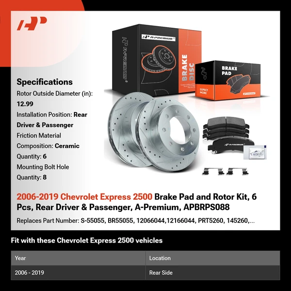 2006-2019 Chevrolet Express 2500 Brake Pad and Rotor Kit, 6 Pcs, Rear Driver & Passenger, A-Premium, APBRPS088