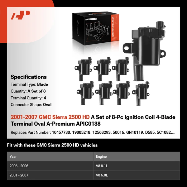 2001-2007 GMC Sierra 2500 HD A Set of 8-Pc Ignition Coil 4-Blade Terminal Oval A-Premium APIC0138