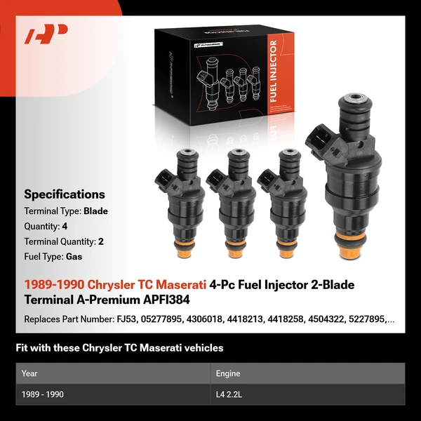 1989-1990 Chrysler TC Maserati 4-Pc Fuel Injector 2-Blade Terminal A-Premium APFI384