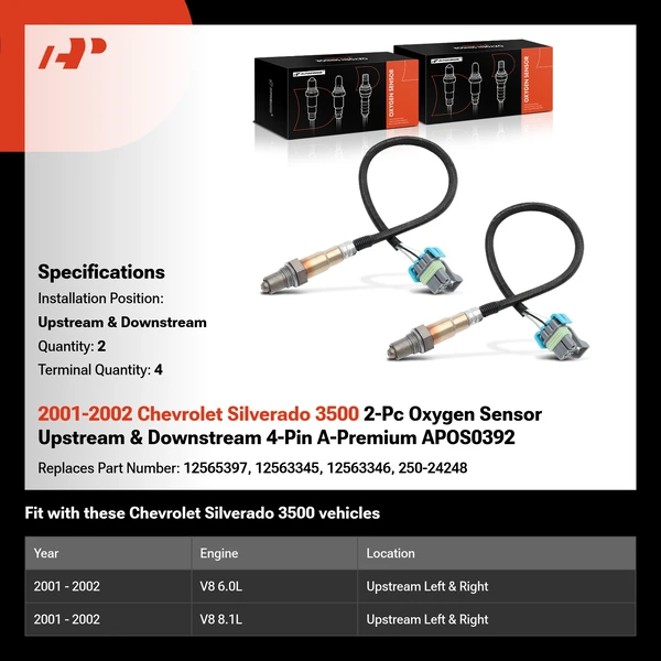 2001-2002 Chevrolet Silverado 3500 2-Pc Oxygen Sensor Upstream & Downstream 4-Pin A-Premium APOS0392