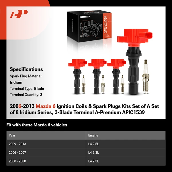 2006-2013 Mazda 6 Ignition Coils & Spark Plugs Kits Set of A Set of 8 Iridium Series, 3-Blade Terminal A-Premium APIC1539