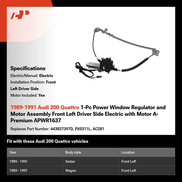 1989-1991 Audi 200 Quattro 1-Pc Power Window Regulator and Motor Assembly Front Left Driver Side Electric with Motor A-Premium APWR1637