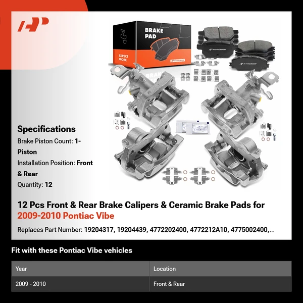 12 Pcs Front & Rear Brake Calipers & Ceramic Brake Pads for 2009-2010 Pontiac Vibe
