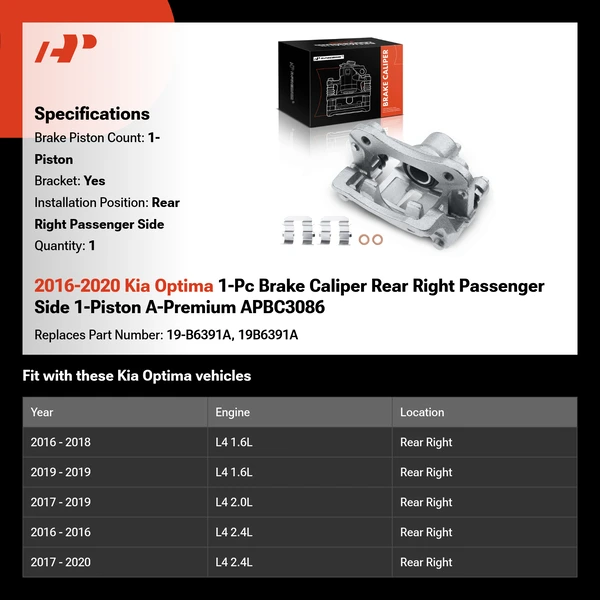 2016-2020 Kia Optima 1-Pc Brake Caliper Rear Right Passenger Side 1-Piston A-Premium APBC3086