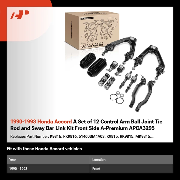 1990-1993 Honda Accord A Set of 12 Control Arm Ball Joint Tie Rod and Sway Bar Link Kit Front Side A-Premium APCA3295