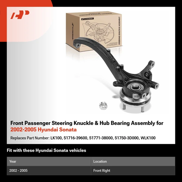Front Passenger Steering Knuckle & Hub Bearing Assembly for 2002-2005 Hyundai Sonata
