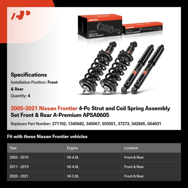 2005-2021 Nissan Frontier 4-Pc Strut and Coil Spring Assembly Set Front & Rear A-Premium APSA0605