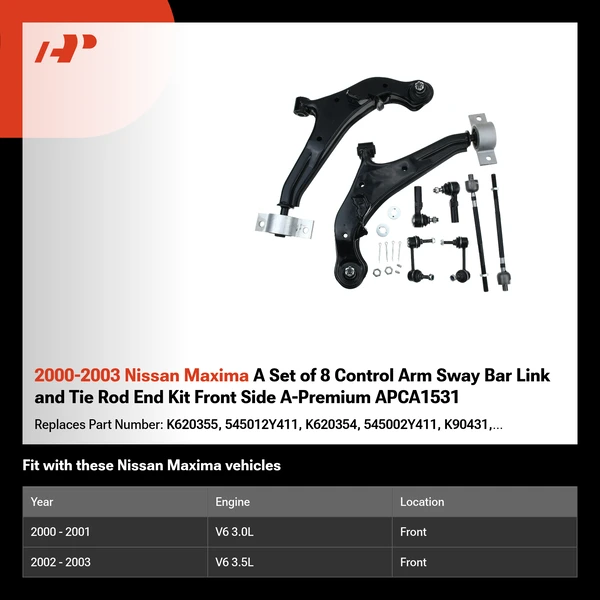 2000-2003 Nissan Maxima A Set of 8 Control Arm Sway Bar Link and Tie Rod End Kit Front Side A-Premium APCA1531