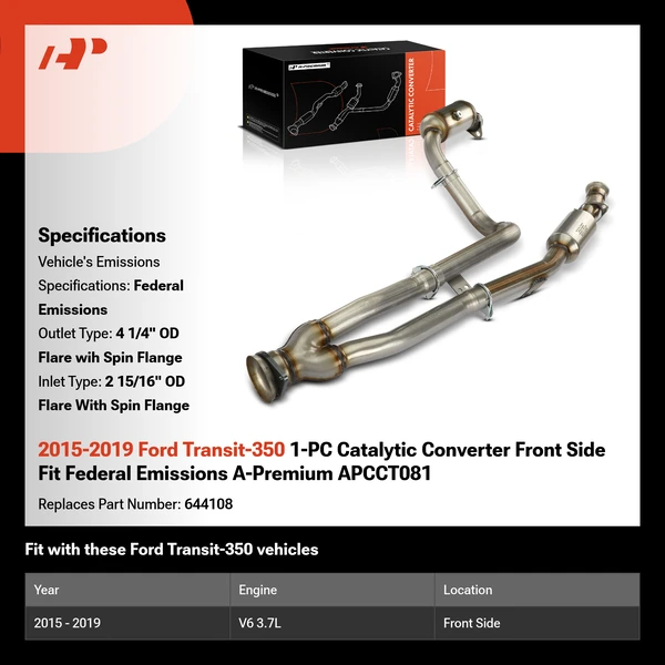 2015-2019 Ford Transit-350 1-PC Catalytic Converter Front Side Fit Federal Emissions A-Premium APCCT081