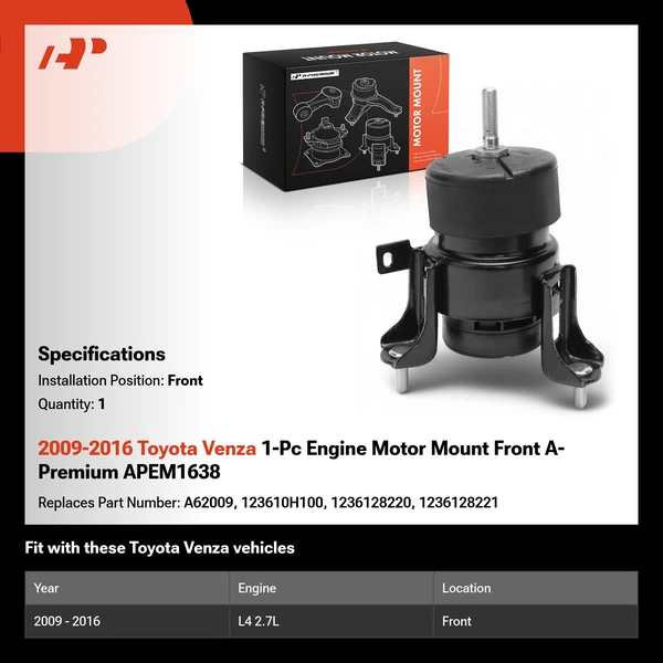2009-2016 Toyota Venza 1-Pc Engine Motor Mount Front A-Premium APEM1638