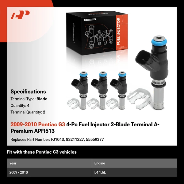 2009-2010 Pontiac G3 4-Pc Fuel Injector 2-Blade Terminal A-Premium APFI513