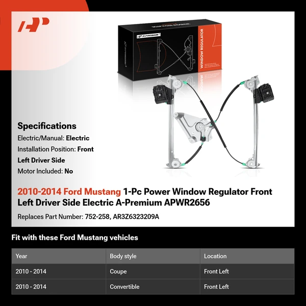 2010-2014 Ford Mustang 1-Pc Power Window Regulator Front Left Driver Side Electric A-Premium APWR2656