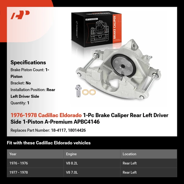 1976-1978 Cadillac Eldorado 1-Pc Brake Caliper Rear Left Driver Side 1-Piston A-Premium APBC4146