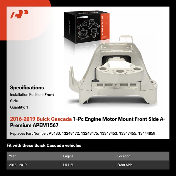 2016-2019 Buick Cascada 1-Pc Engine Motor Mount Front Side A-Premium APEM1567