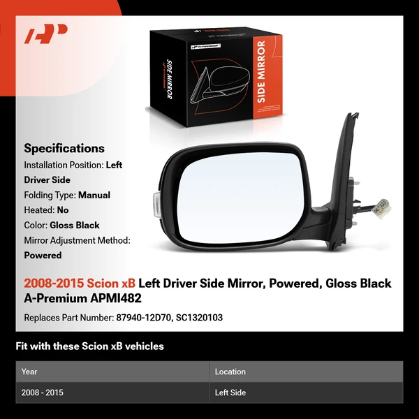 2008-2015 Scion xB Left Driver Side Mirror, Powered, Gloss Black A-Premium APMI482