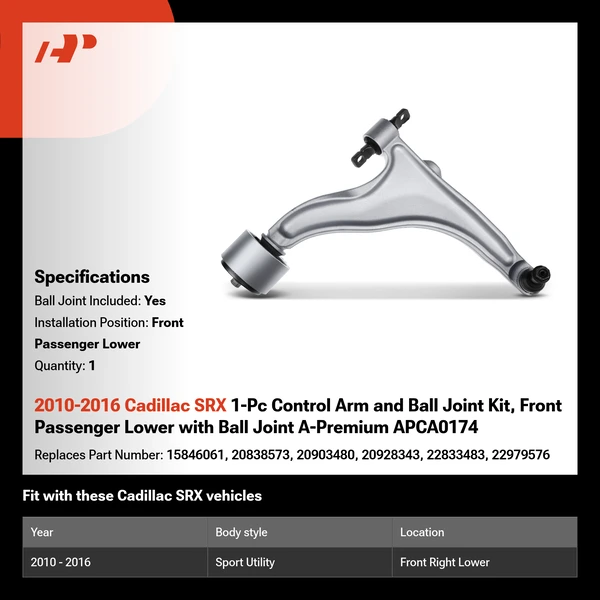 2010-2016 Cadillac SRX 1-Pc Control Arm and Ball Joint Kit, Front Passenger Lower with Ball Joint A-Premium APCA0174