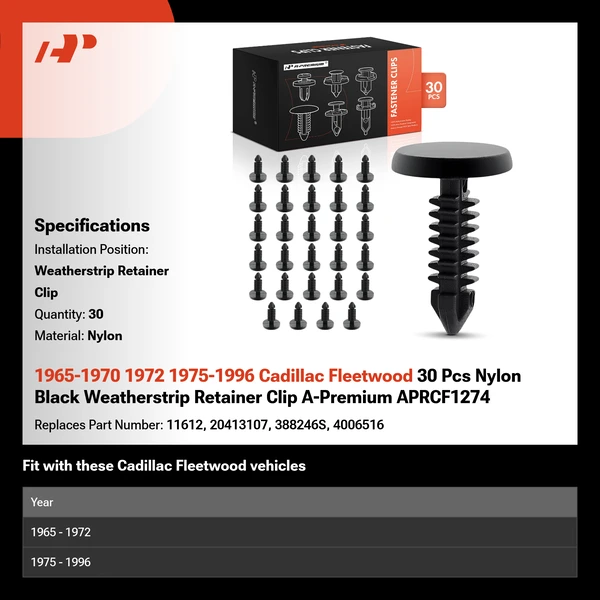 1965-1970 1972 1975-1996 Cadillac Fleetwood 30 Pcs Nylon Black Weatherstrip Retainer Clip A-Premium APRCF1274