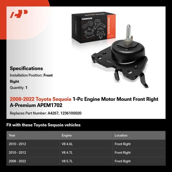 2008-2022 Toyota Sequoia 1-Pc Engine Motor Mount Front Right A-Premium APEM1702