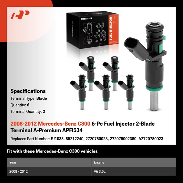 2008-2012 Mercedes-Benz C300 6-Pc Fuel Injector 2-Blade Terminal A-Premium APFI534