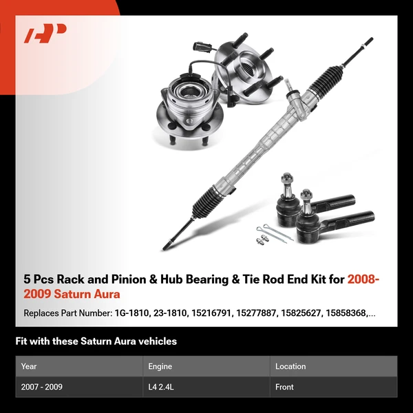 5 Pcs Rack and Pinion & Hub Bearing & Tie Rod End Kit for 2008-2009 Saturn Aura
