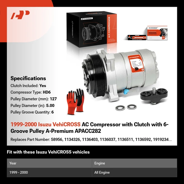 1999-2000 Isuzu VehiCROSS AC Compressor with Clutch with 6-Groove Pulley A-Premium APACC282
