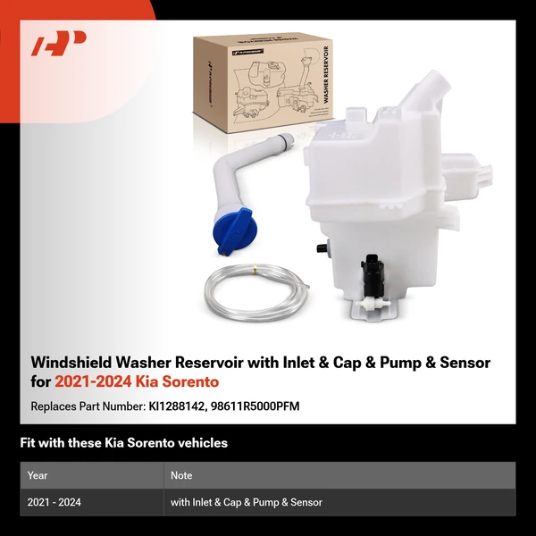Windshield Washer Reservoir with Inlet & Cap & Pump & Sensor for 2021-2024 Kia Sorento