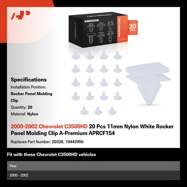 2000-2002 Chevrolet C3500HD 20 Pcs 11mm Nylon White Rocker Panel Molding Clip A-Premium APRCF154